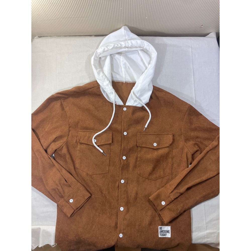 MANFINITY Mens Corduroy Button Up Shirt Jacket Hooded Brown Size M‎
